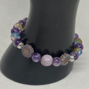 Genuine Amethyst and Czech Glass Stretch Bracelet